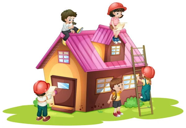 Niños fijación y construcción de la casa — Vector de stock