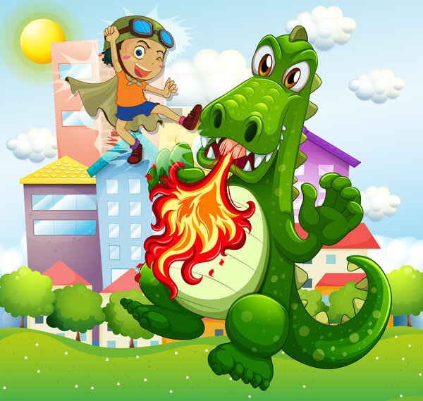 Hero fighting green dragon in park