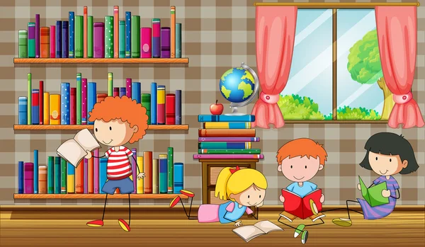 Bambini che leggono libri in biblioteca — Vettoriale Stock