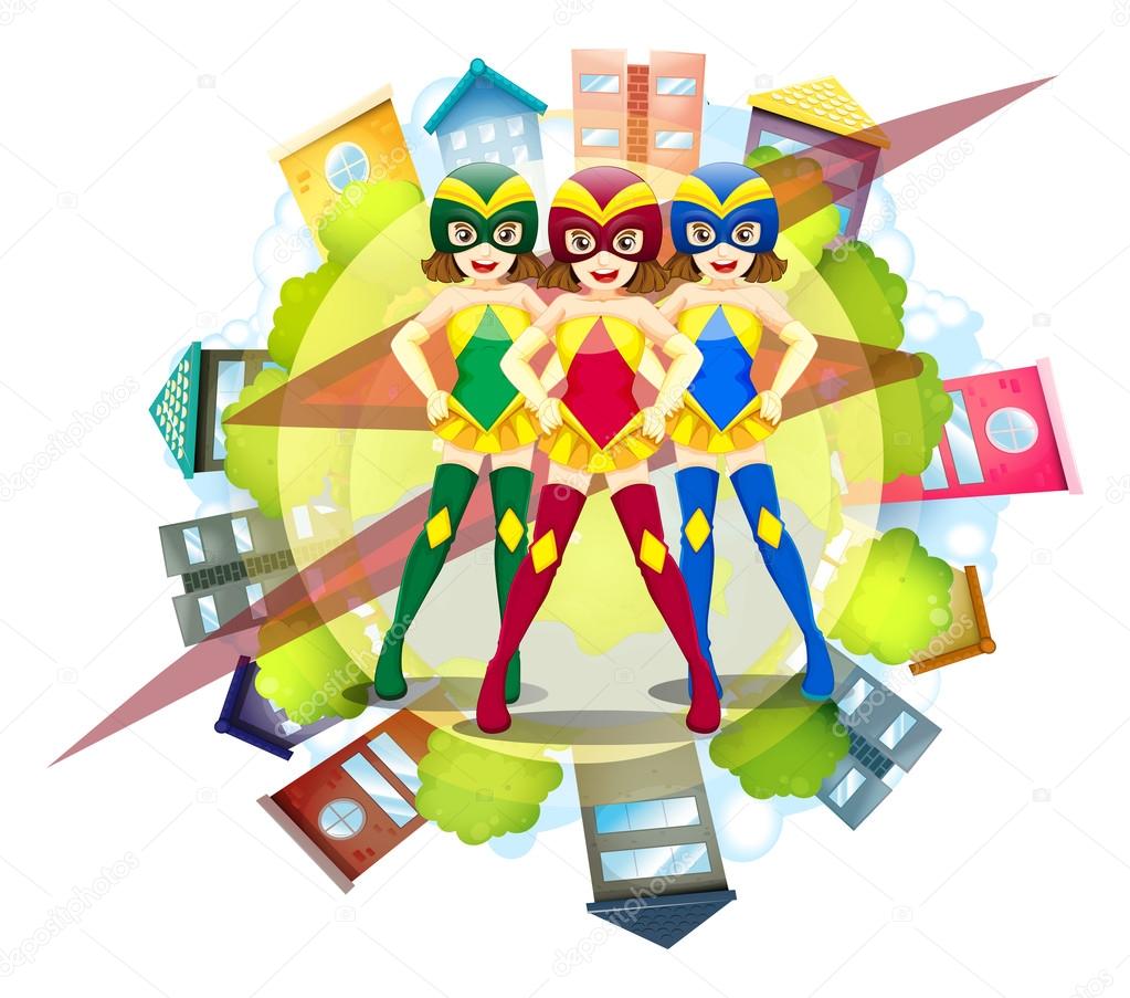 Three superheroes and neighborhood background