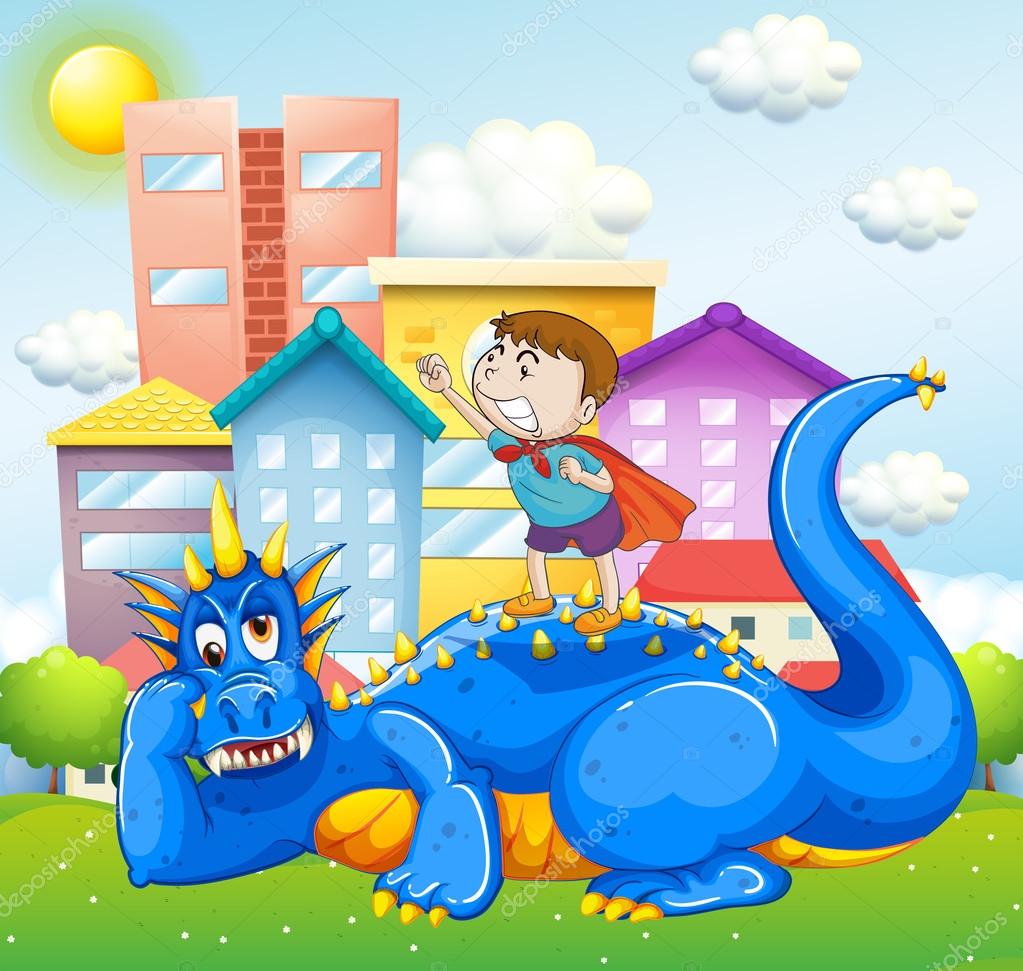 Boy and blue dragon in the park