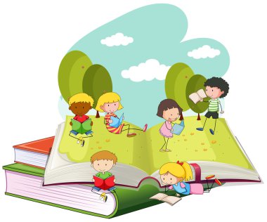 Pek çok çocuk parkta kitap okuma