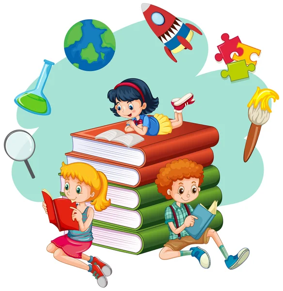 Tre bambini che leggono libri — Vettoriale Stock