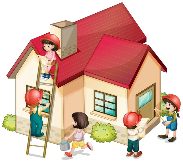 Many children constructing the house — Stock Vector