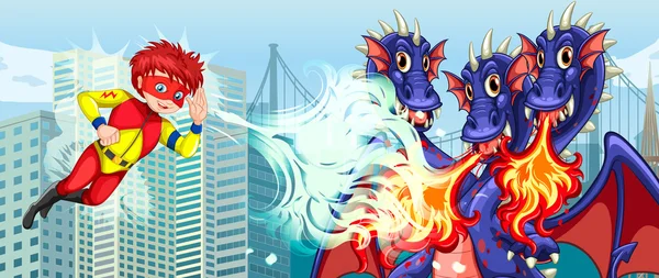 Superhero fighting three headed dragon in city — Stock Vector