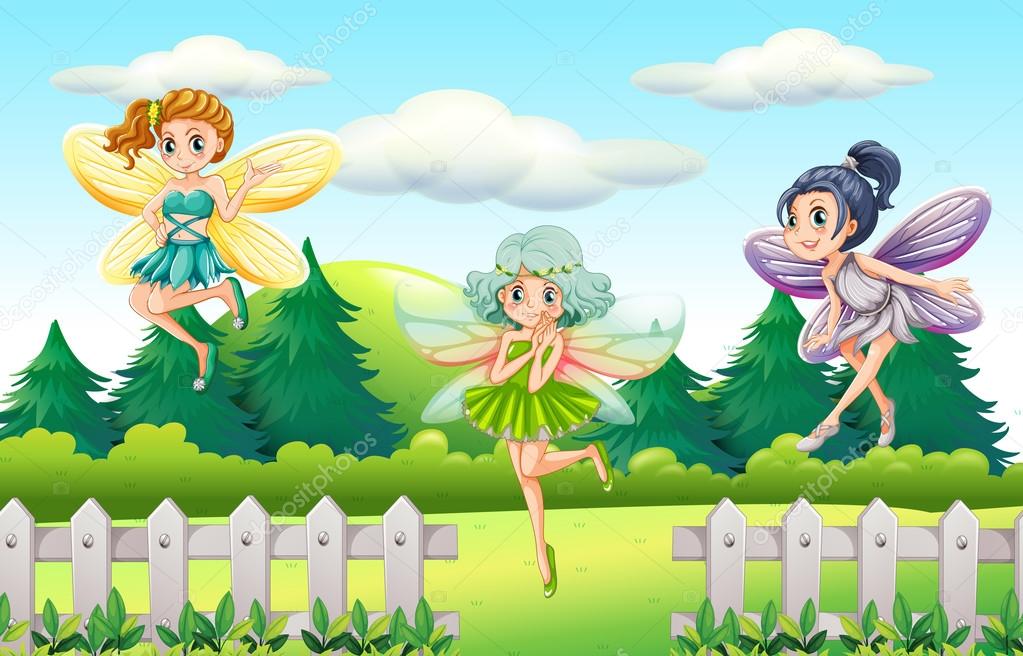 Three fairies flying in garden