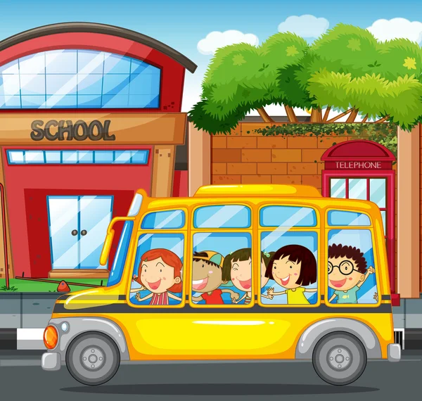 Children riding on yellow bus in town — Stock Vector