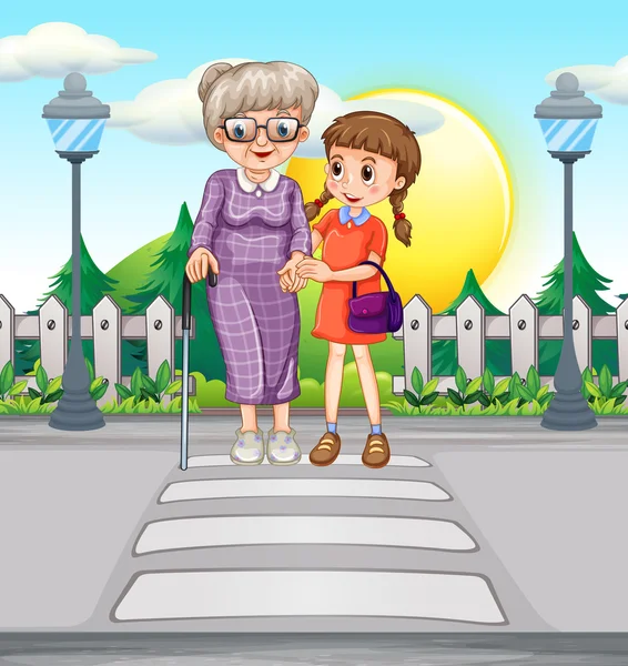 Girl helping old woman crossing the road — Stock Vector