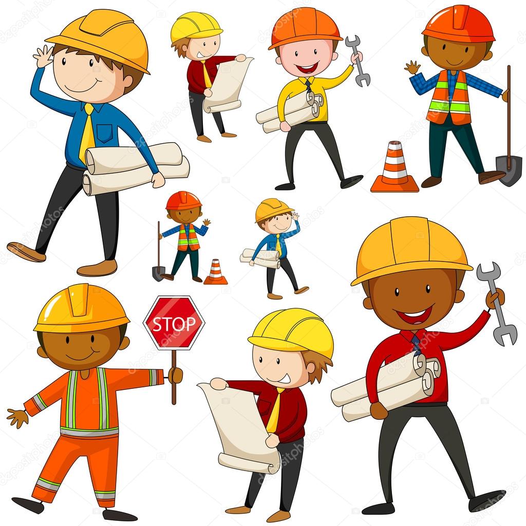 Set of engineers and construction workers