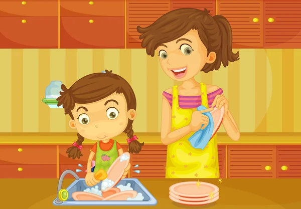 Menina ajudando a mãe fazendo pratos — Vetor de Stock
