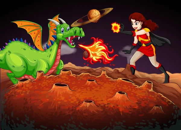 Superheld vechten draak op rode planeet Stockillustratie