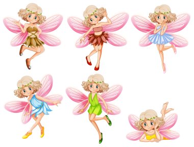 Six fairies with pink wings clipart