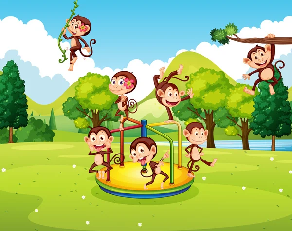 Många apor spelar i parken — Stock vektor