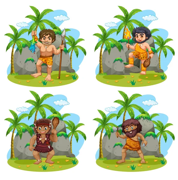 Many cavemen with different weapons — Stock Vector