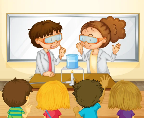 Students doing science experiment in classroom — Stock Vector