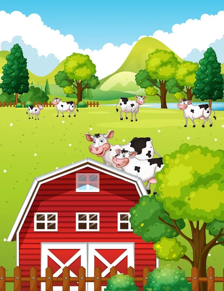 Farm scene with cows and barn — Stock Vector