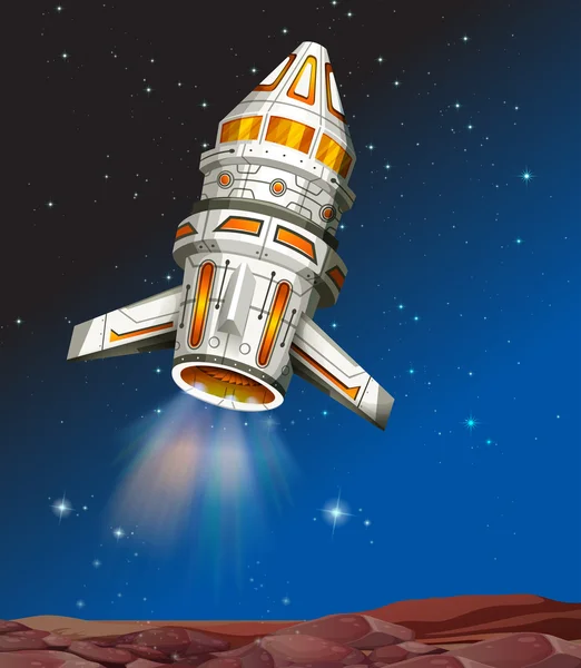 Космический корабль, летящий в темном пространстве — стоковый вектор