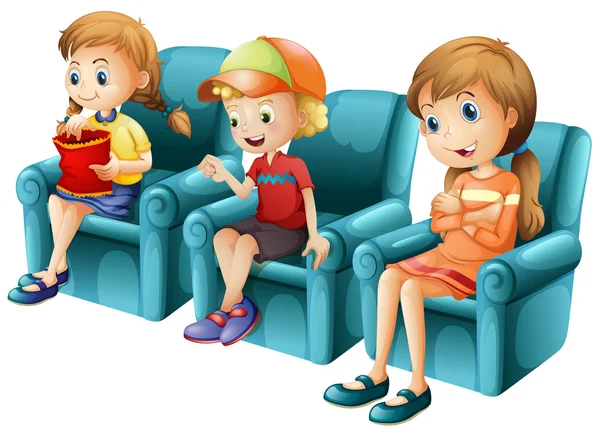 Anak-anak duduk di sofa biru - Stok Vektor
