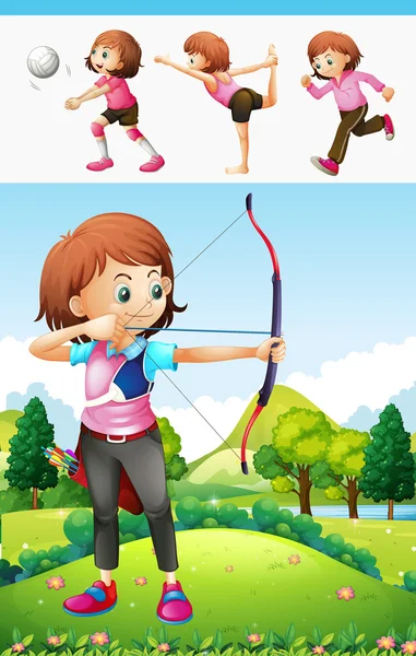 Girl doing archery and other sports — Stock Vector