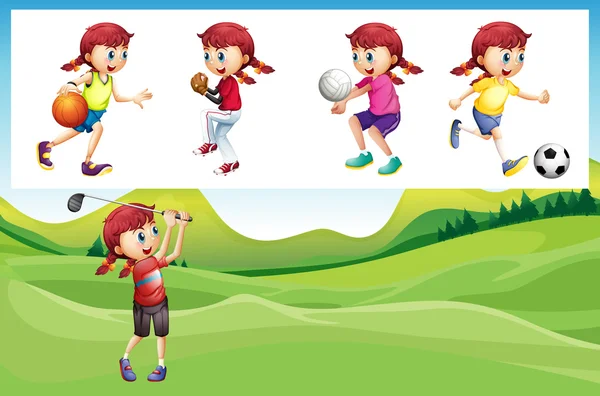 Girl playing golf and other sports — Stock Vector