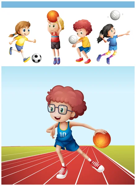 Garçon jouant au basket et autres sports — Image vectorielle