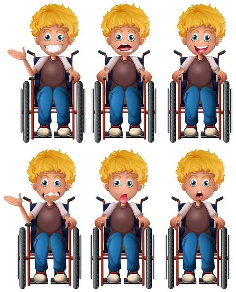 Chłopak na wózku inwalidzkim z różnych emocji — Wektor stockowy