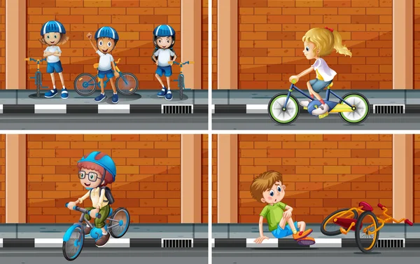 Escenas con niños en bicicleta — Archivo Imágenes Vectoriales