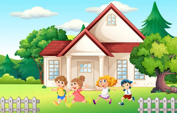 Boys and girl running in the backyard Royalty Free Stock Vectors