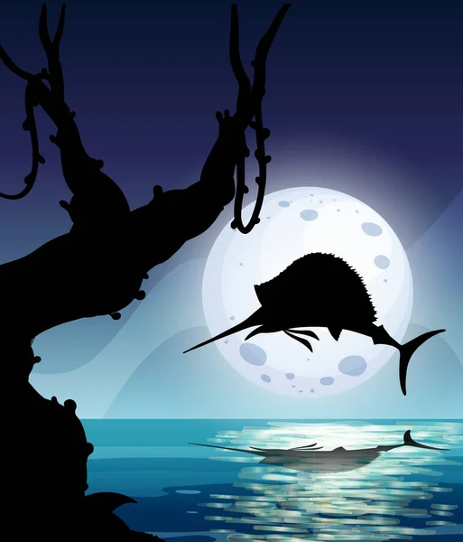 Marlin Fish Nature Scene Silhouette Illustration — Stock Vector