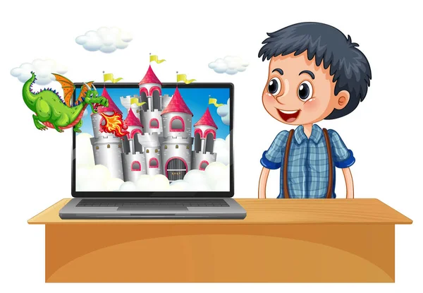 Niño Feliz Lado Computadora Con Castillo Ilustración Escritorio Pantalla — Vector de stock