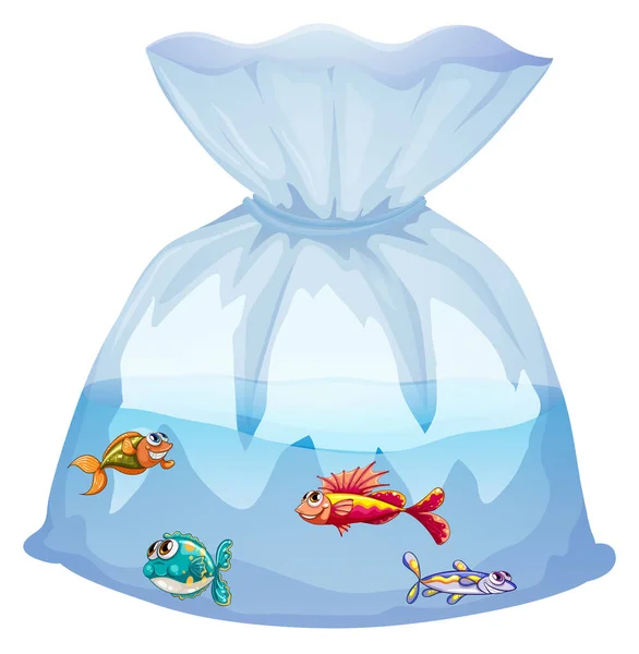 Lindos Peces Bolsa Plástico Ilustración Aislada Dibujos Animados — Vector de stock