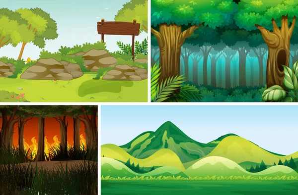 森林卡通画风格的四个不同的自然灾害场景 — 图库矢量图片