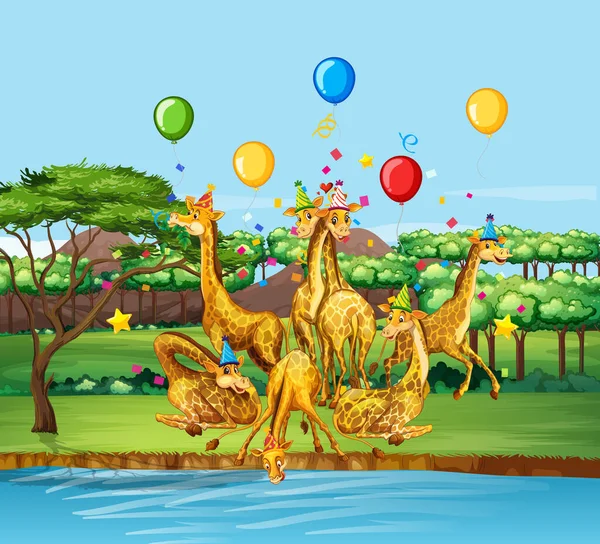 Girafe Groupe Dans Thème Fête Personnage Dessin Animé Sur Fond — Image vectorielle