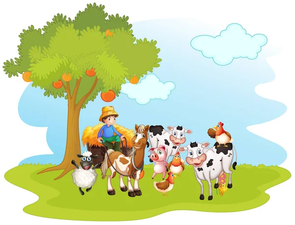 Groep Landbouwhuisdieren Een Landbouwbedrijf Geïsoleerde Illustratie — Stockvector