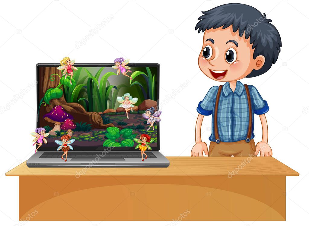 Happy boy next to laptop fairy tale screen background illustration