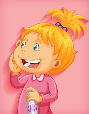 Küçük tatlı kız gülüşü çizgi film karakteri pembe arka planda izole edilmiş.