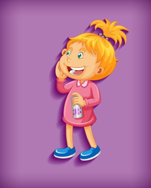 Mor arkaplanda izole edilmiş, ayakta gülümseyen sevimli küçük kız çizgi film karakteri.