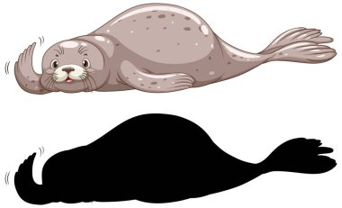 Beyaz arkaplan illüstrasyonunda fok karakterleri ve onun silueti