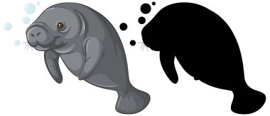 Beyaz arkaplan illüstrasyonunda dugong karakterleri ve silueti