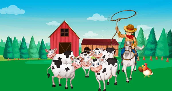 Hayvan Çiftliği Karikatür Stili Illüstrasyonlu Çiftlik Sahnesi — Stok Vektör