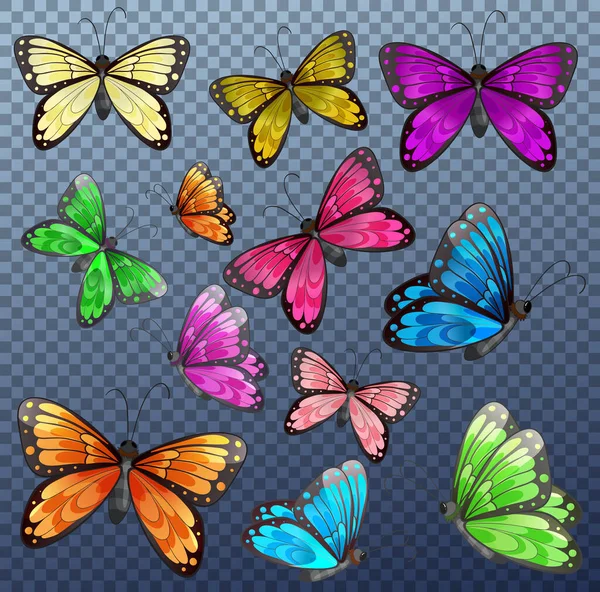 Conjunto Mariposa Diferentes Colores Sobre Fondo Transparente Ilustración — Archivo Imágenes Vectoriales