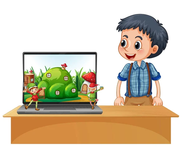 Jongen Naast Laptop Met Elf Het Scherm Illustratie — Stockvector