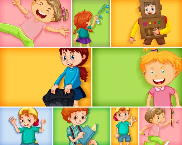 Conjunto Diferentes Personajes Infantiles Diferentes Ilustraciones Fondo Color — Vector de stock
