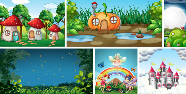 Six different scene of fantasy world with fantasy places and fantasy character such as fairies illustration