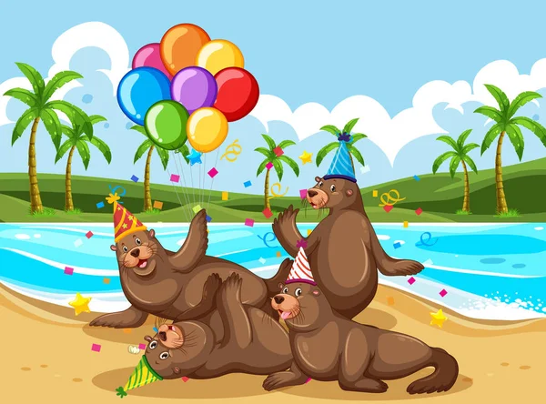 Urso Grupo Festa Tema Desenho Animado Personagem Praia Fundo Ilustração —  Vetores de Stock