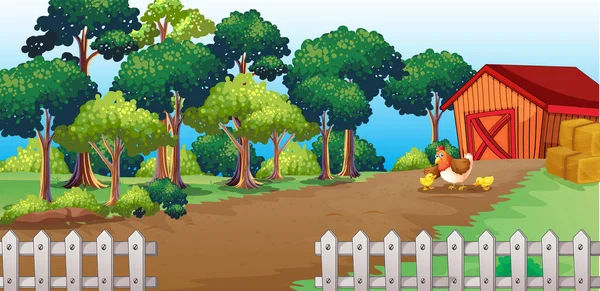 Granja Escena Naturaleza Con Granero Pequeña Ilustración Pollo — Vector de stock