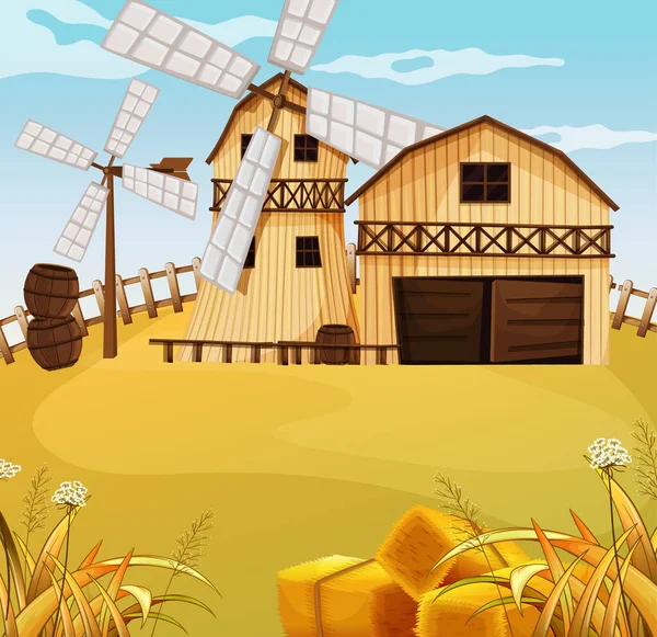 Farm Scene Nature Barn Windmill Illustration — Stock Vector