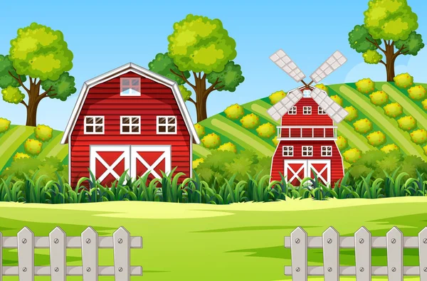Farm Jelenet Természetben Pajta Szélmalom Illusztráció — Stock Vector