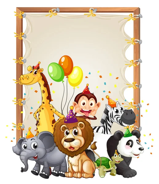 Canvas Wooden Frame Template Wild Animals Party Theme Isolated Illustration — Stock Vector