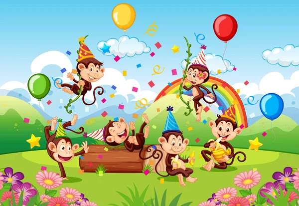 Many Monkeys Party Theme Nature Forest Background Illustration — Stock Vector